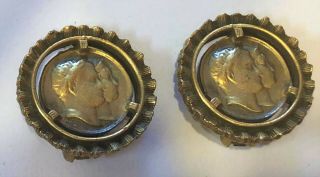 Rare Estate Ancient Roman Coins Fancy Gold Bezel Clip Earrings Signed Star