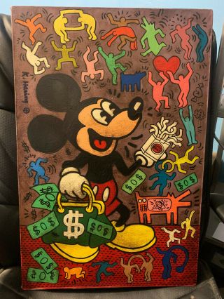 Keith Haring Oil On Canvas Painting Rare Signed