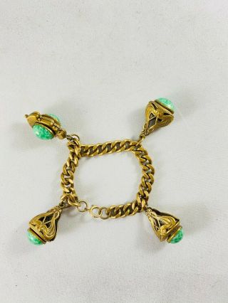 Rare Vintage Brass Gold Tone Big Emerald Charm Style Bracelet
