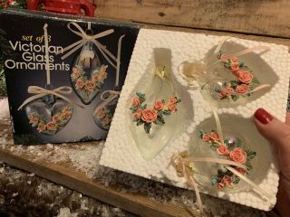 3 Victorian Shabby Chic Christmas Tree Ornaments With Pink Roses Shape