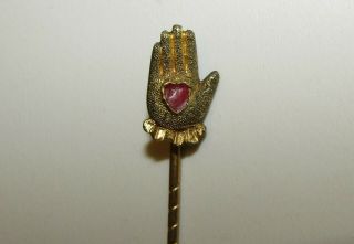 Rare,  Antique Georgian,  15ct Gold Enamel Heart In The Hand Friendship Stick Pin