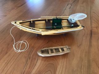 Vintage Wooden Boat Model With Fishing Equipment Inside