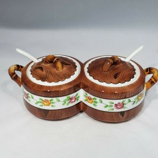 Orchard Ware Hand Painted Wood Grain Double Jam Condiment Jars Lids Spoons Vtg