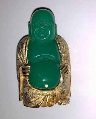Vintage Green Stone Jade ? Buddah Man Gold Tone Pin Brooch Hattie Carnegie Style