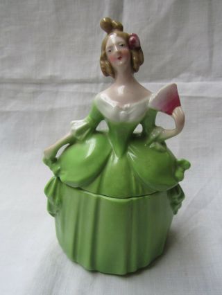 Antique Art Deco Half Doll Porcelain Trinket Box Lady With Fan German ? 1920 