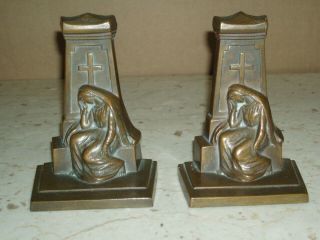 Vintage Antique Cast Bronze Religious Praying Nun Bookends,  Signed