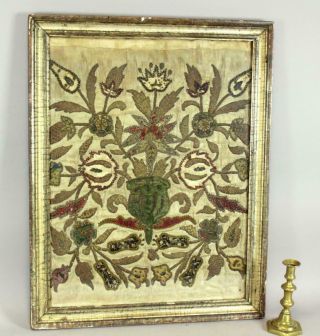 Rare 17th C Needlework Stumpwork Picture In Silk And Metal Thread Urn Of Flowers