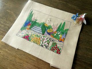 Vintage Hand Embroidered Picture Panel - Gardens Exquisite Work/unused