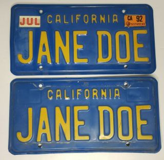 Very Rare - Matching Pair California Vanity License Plates Set Jane Doe 1980 