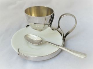Unusual Silver Plated And China Egg Cup & Spoon Hukin And Heath
