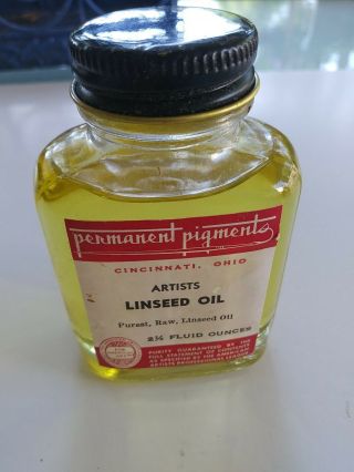 Vintage Permanent Pigments Artist Linseed Oil 2.  5 Oz Rare Full Bottle
