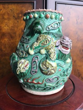 A Rare Chinese Antique Famille Verti Decorated With Foo Dog Vase