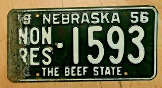 Rare Type 1956 Nebraska Non Resident License Plate " 1593 " Ne 56 The Beef State
