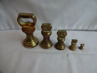 Antique Victorian Brass Scale Bell Weights X 5,  1lb 8oz 4oz 1oz & 1/2 Oz
