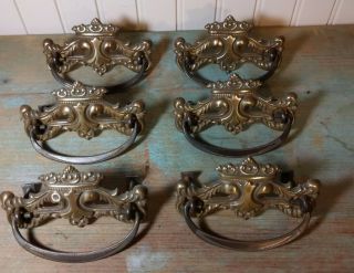 Set Of 6 Antique Victorian Crown Stamped Brass & Iron Drawer Pulls 3 Inch Center