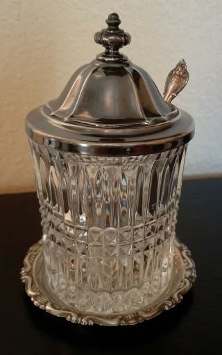 Vintage Silver Plated Glass Jelly Jar With Saucer,  Lid & Spoon,  Italy,  Serving