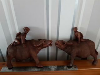 Pair Vintage / Antique Chinese Carved Wood Figures Water Buffalo And Riders