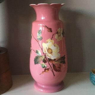 Lovely Large Handpainted Flowers Victorian Pink Opaline / Milk Glass Vase Vgc