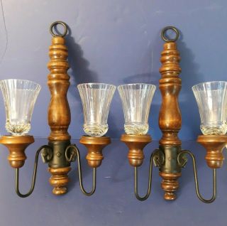 Vtg Retro Wall Hanging Sconces Candle Holder Wood & Metal 17.  5 " Mcm Globes Read