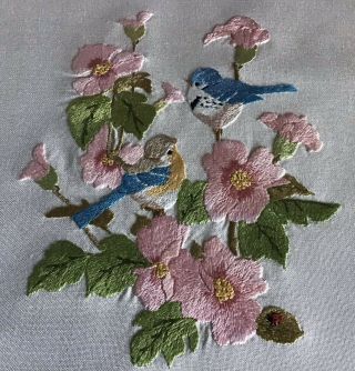 Vintage Hand Embroidered Panel Pink Blossoms/blue Birds/ladybird