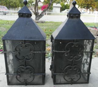 Rare Pair Vintage 1920s Wrought Iron Spanish Revival Mission Outdoor Sconce Lamp