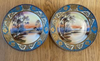 Stunning Japanese Nippon Noritake Plates With Hand Painted Landscape