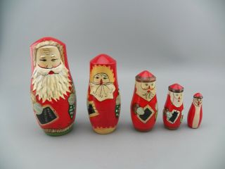 Vintage Santa Christmas Nesting Dolls Wooden Russian Set Of 5 Textured Beard Guc