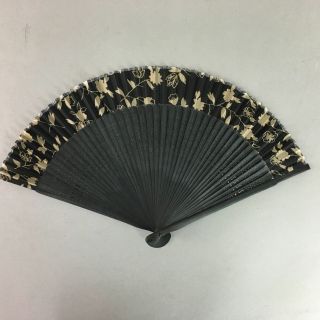 Japanese Folding Fan Vtg Sensu Silk Bamboo Open Work Frame Flowers 4d386