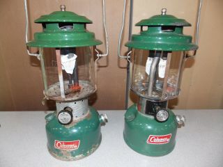 2 Vintage Coleman Lanterns 11 - 65 Model 220F & 5 - 73 Model 220H w/Yellow Case 2