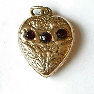 Antique Victorian Rose Cut Garnets And Rolled Gold Heart Pendant