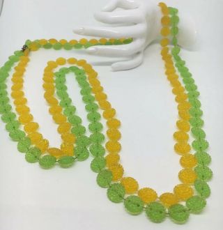 Rare Vintage 2 Strand Green Yellow Plastic 49” Necklaces (1165)
