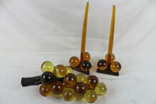 Vintage Rare Lucite Acrylic Resin Grape Cluster Wood Stem Balls Candle Sticks
