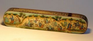 Vintage Persian Qalamdan Wooden Pen Box Hand Painted With Figures,  Inlaid Gilt