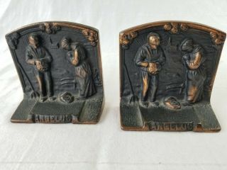 Antique Angelus Giving Thanks Call To Prayer Bronze Book Ends Vintage Old