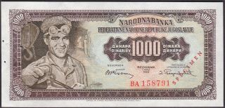 Yugoslavia 1000 Dinara 1955 Specimen P.  71 W/o Number 2 Rare