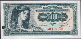 Yugoslavia 500 Dinara 1955 Specimen P.  70 Rare