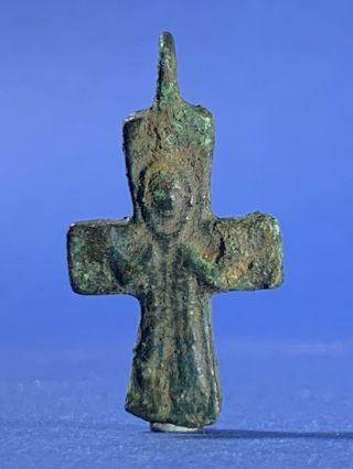 Lovely Ancient Byzantine Bronze Cross Encolpion Depicting Jesus 700 - 1000ad