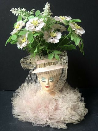 Rare Vintage Woman Female Face Head Ceramic Tulle Pearls Planter Bust Pink