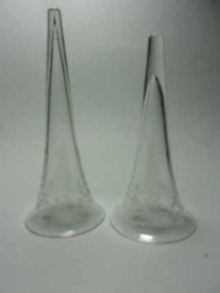 2 Small Antique Engraved Glass Trumpet Epergne Vases.