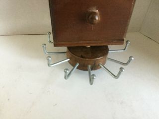 Vintage Primitive Wood Wall Hanging Salt Box w/drawer rotating metal hooks below 3