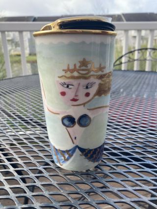 Rare Starbucks Siren Mermaid Ceramic Coffee Travel Mug 12oz With Lid Gold