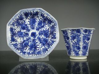 Rare Chinese Porcelain B/w Kangxi Cup&saucer - Flowers - 18th C.  Marked