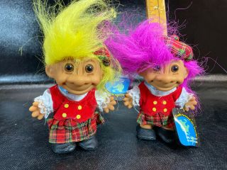 2 Vintage Russ Scottish Troll Dolls Pink & Yellow Hair