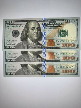 (3) Sequential 2017 - A $100 Bill Star Notes Low Serial Rare Uncirculated