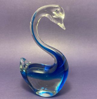 Vintage Art Heavy Glass Swan Figurine Paperweight Clear Blue.  8”x5”