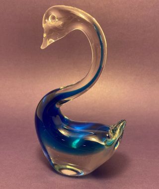 Vintage Art Heavy Glass Swan Figurine Paperweight Clear Blue.  8”x5” 2