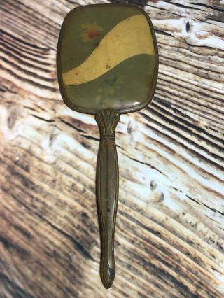 Antique Vintage Hand Held Vanity Mirror Brass Handle & Painted Back