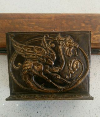 Antique Dragon Arts & Crafts Brass Copper Repousse Letter Napkin Rack Or Holder