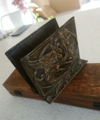 Antique Dragon Arts & Crafts Brass Copper Repousse Letter Napkin Rack or Holder 3