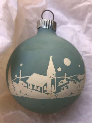 Rare Vintage SHINY BRITE Christmas Ornament Blue Church Snow Matte Unsilvered 2